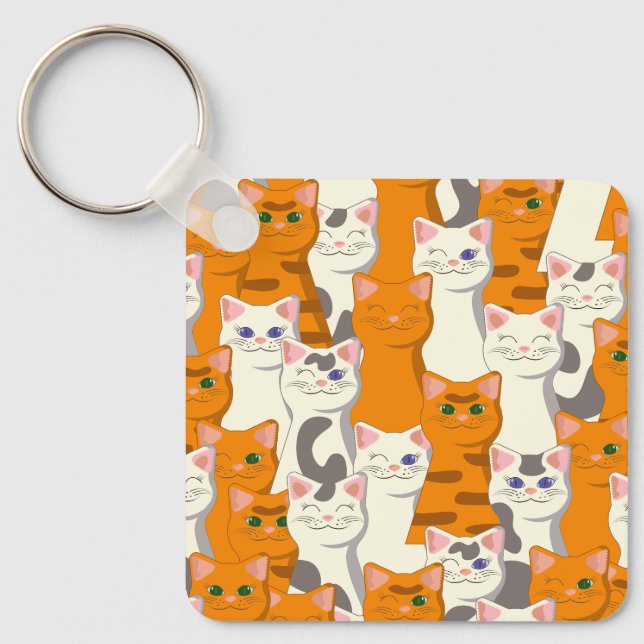 White and ginger cats pattern green eyes blue eyes keychain (Front)