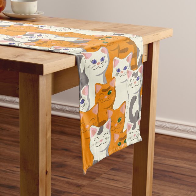 White and ginger cats pattern green eyes blue eyes long table runner (In Situ)