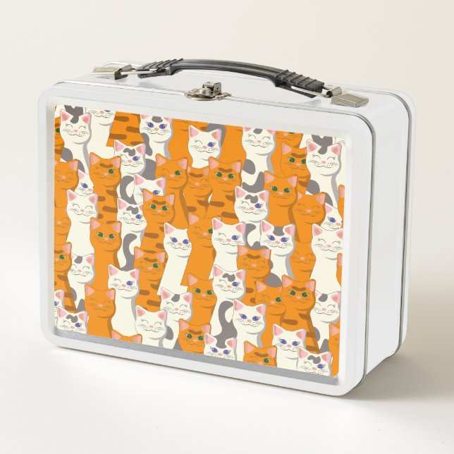 White and ginger cats pattern green eyes blue eyes metal lunch box (Front)