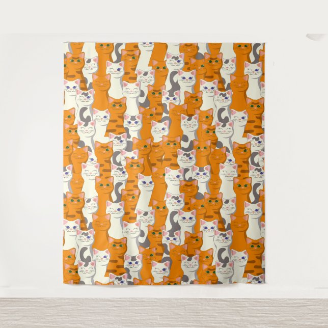 White and ginger cats pattern green eyes blue eyes tapestry (Front)