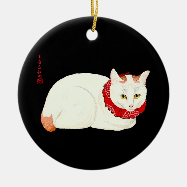 White and Ginger Japanese Cat Ceramic Ornament (Front)