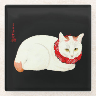 White and Ginger Japanese Cat Glass Coaster