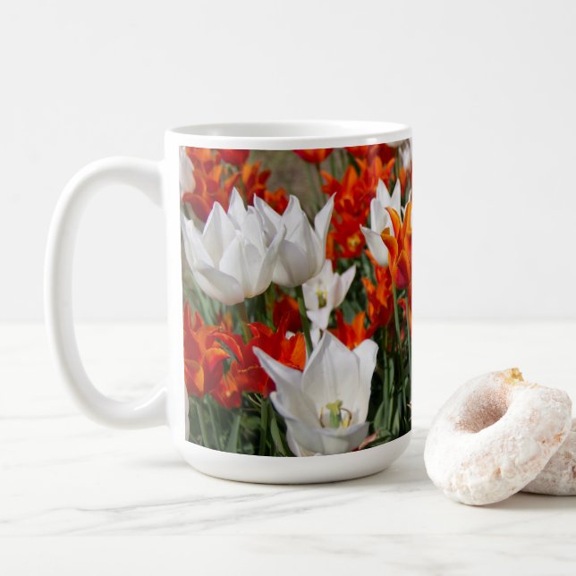 White and ginger tulips in the garden      coffee mug (With Donut)
