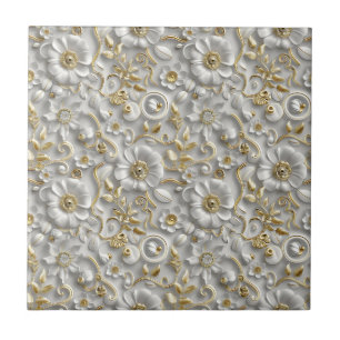 White And Gold 3D Elegant Floral Tile