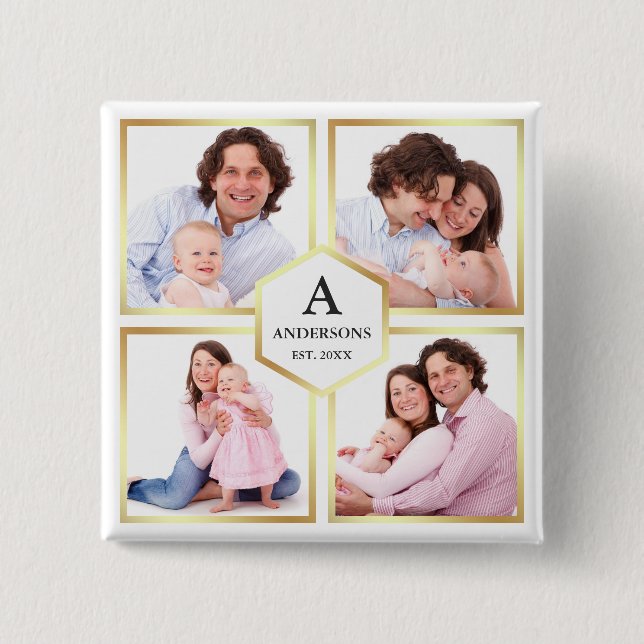 White and Gold 4 Pictures Family Photo Collage 2 Inch Square Button (Front)
