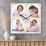 White and Gold 4 Pictures Family Photo Collage Square Wall Clock<br><div class="desc">Upload your favourite photos to make your own unique personalized keepsake photo gift.</div>