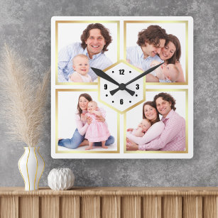 White and Gold 4 Pictures Family Photo Collage Square Wall Clock