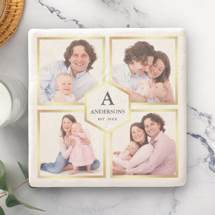 White and Gold 4 Pictures Family Photo Collage Stone Coaster