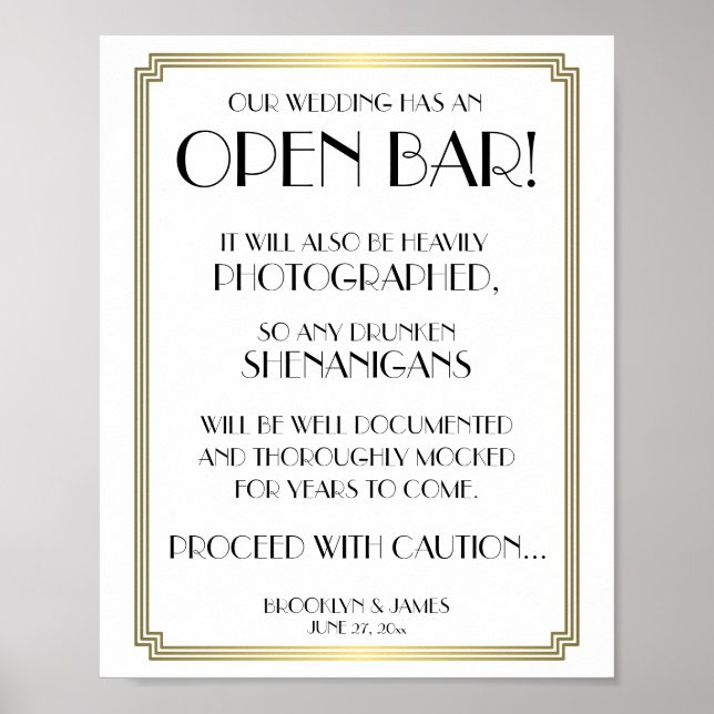 White And Gold Art Deco Gatsby Open Bar Sign 8x10 (Front)