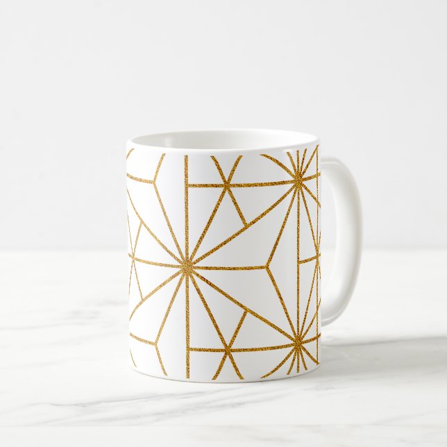 White and gold art deco geometric pattern coffee mug (Front Right)