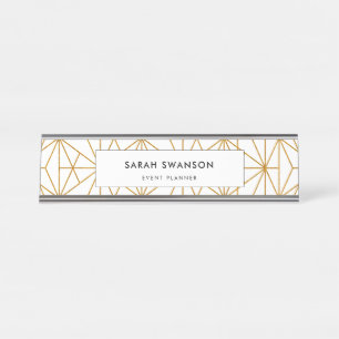 White and gold art deco geometric pattern desk name plate