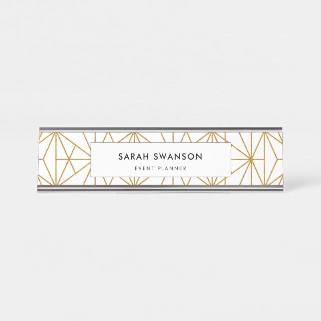 White and gold art deco geometric pattern desk name plate (Front)