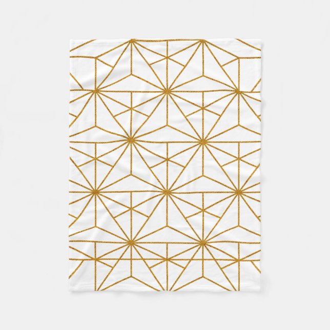 White and gold art deco geometric pattern fleece blanket (Front)