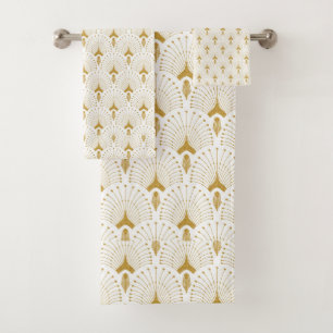 White and gold art-deco pattern bath towel set