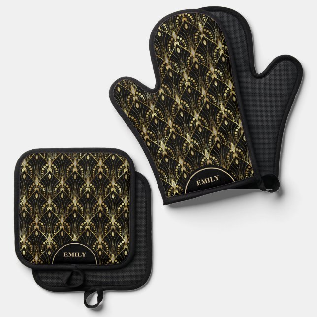 White and gold Art Deco Pattern on Black Oven Mitt & Pot Holder Set (Front/Back)