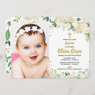 White and gold baptism christening photo invitation