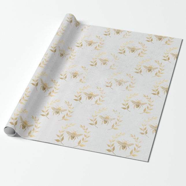 White and Gold  Bee Wedding  Wrapping Paper (Unrolled)