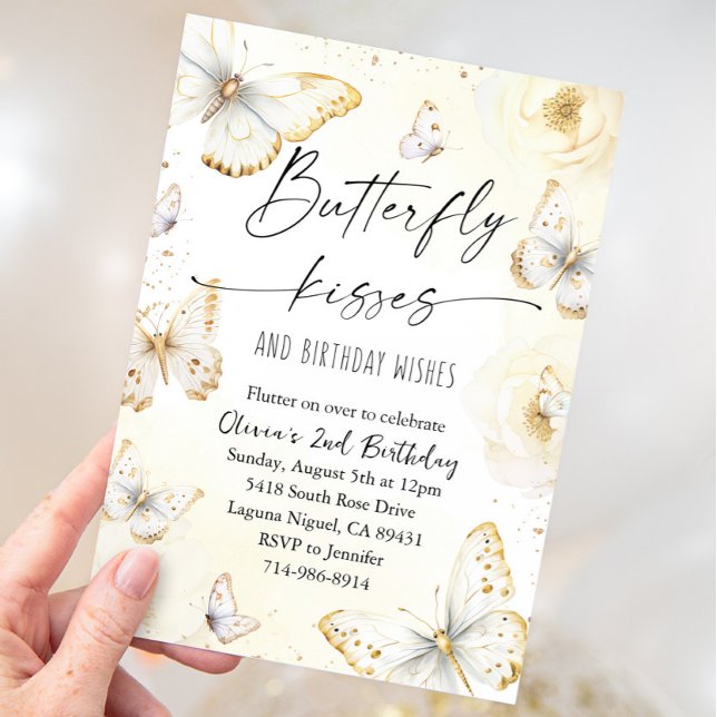 White and Gold Butterfly Kisses Birthday  Invitation (Creator Uploaded)