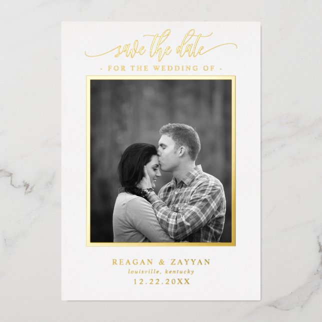 White And Gold Calligraphy Photo Save The Date (Front)
