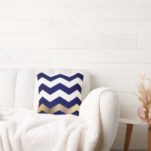 White and Gold Chevron Pattern on Navy Blue Throw Pillow