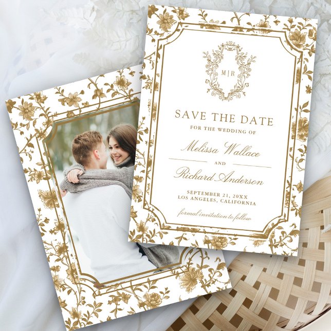 White and Gold Chinoiserie Crest Photo Wedding Save The Date (Creator Uploaded)