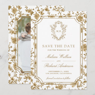 White and Gold Chinoiserie Crest Photo Wedding Save The Date
