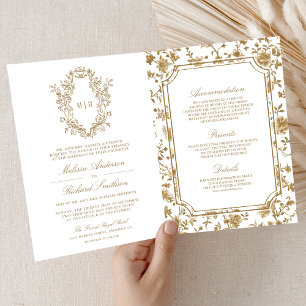 White and Gold Chinoiserie Crest QR Code Wedding Invitation