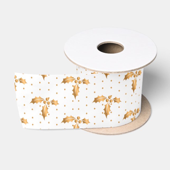 White and Gold Christmas Holly Satin Ribbon (Spool)