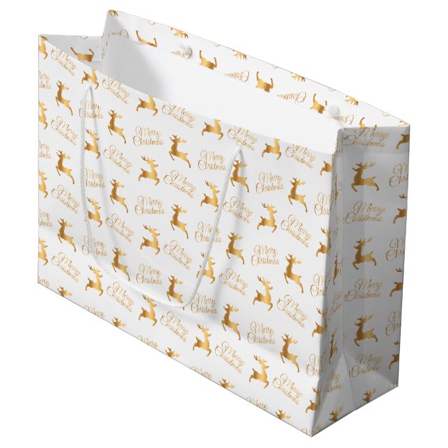 White and Gold Christmas Reindeers Large Gift Bag (Front Angled)