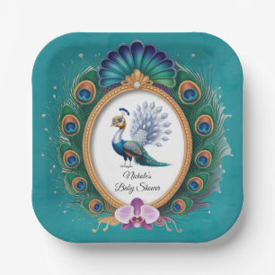 White and Gold Colourful Peacock Baby Shower Paper Plate