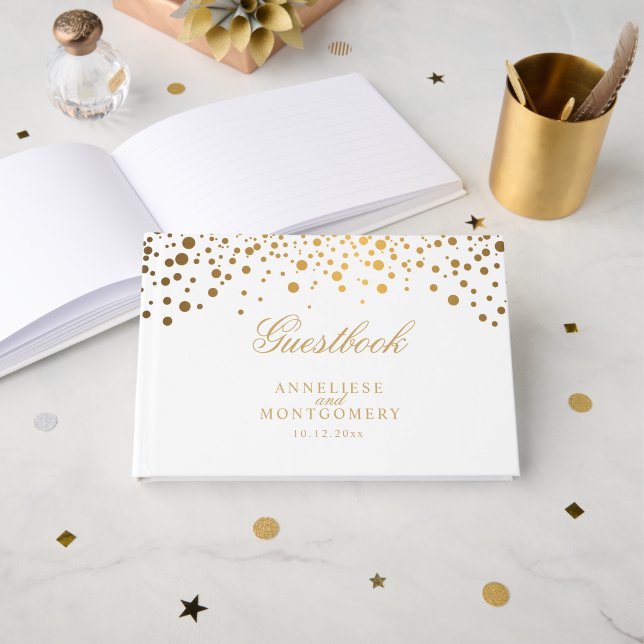 White and Gold Confetti Dots Guest Book (Front Open)