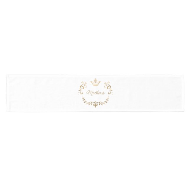 White and Gold Crown Crest Personalized  Short Table Runner (Horizontal)