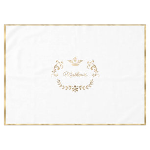 White and Gold Crown Crest Personalized Tablecloth