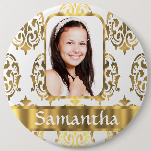 White and gold damask 6 inch round button