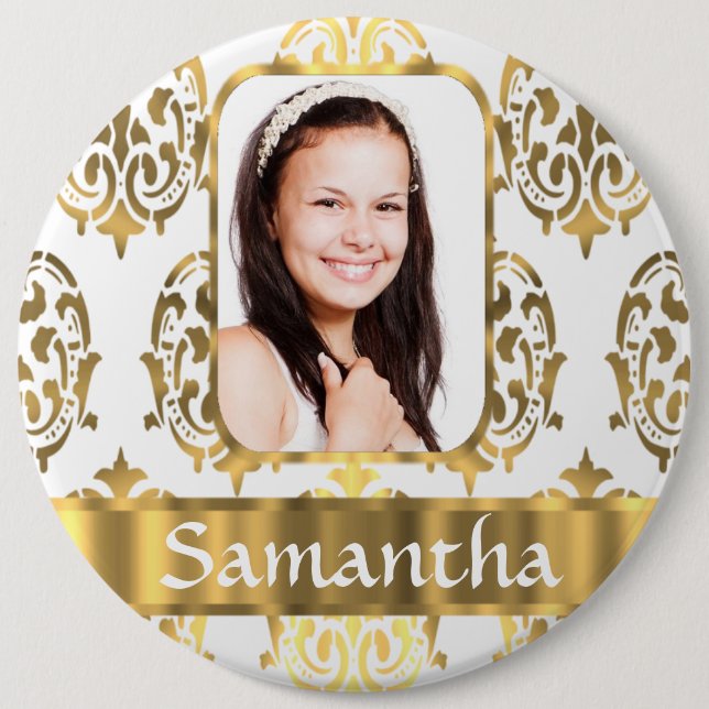 White and gold damask 6 inch round button (Front)