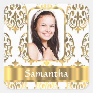 White and gold damask square sticker