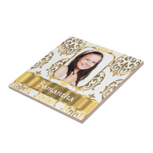 White and gold damask tile