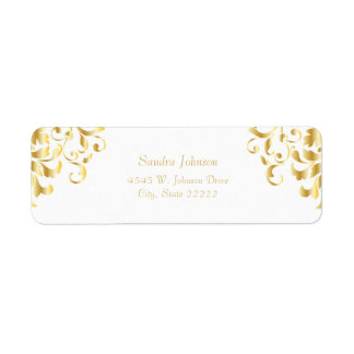 White and Gold Damask Wedding Return Address Label