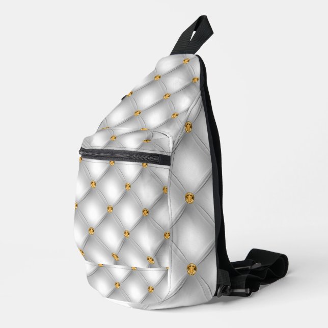 White and Gold Diamond Tufted Gemstone Sling Bag (Right Corner)