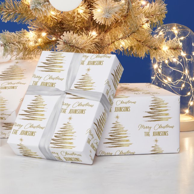 White And Gold Elegant Merry Christmas Tree Name Wrapping Paper (Holidays)