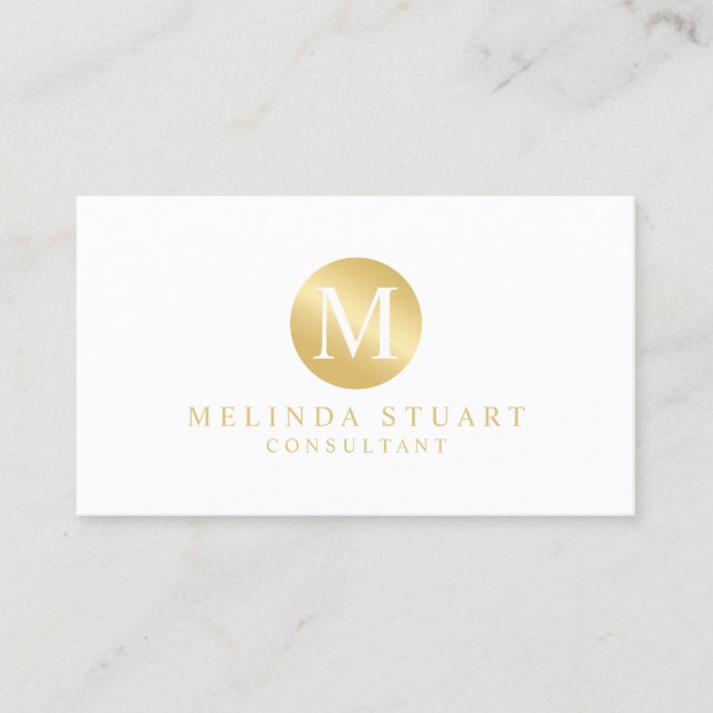 White and Gold Elegant Monogram Business Card (Front)