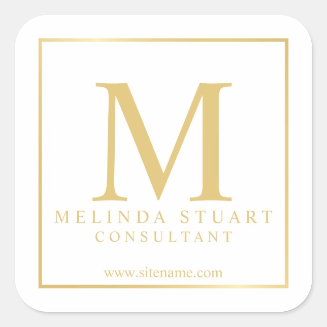 White and Gold Elegant Monogram Business Square Sticker (Front)