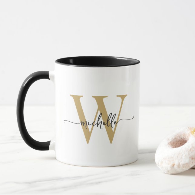White and Gold Elegant Monogram Name Script Mug (With Donut)