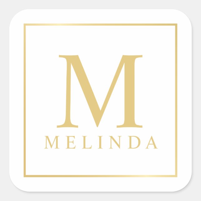 White and Gold Elegant Monogram Square Sticker (Front)