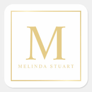 White and Gold Elegant Monogram Square Sticker