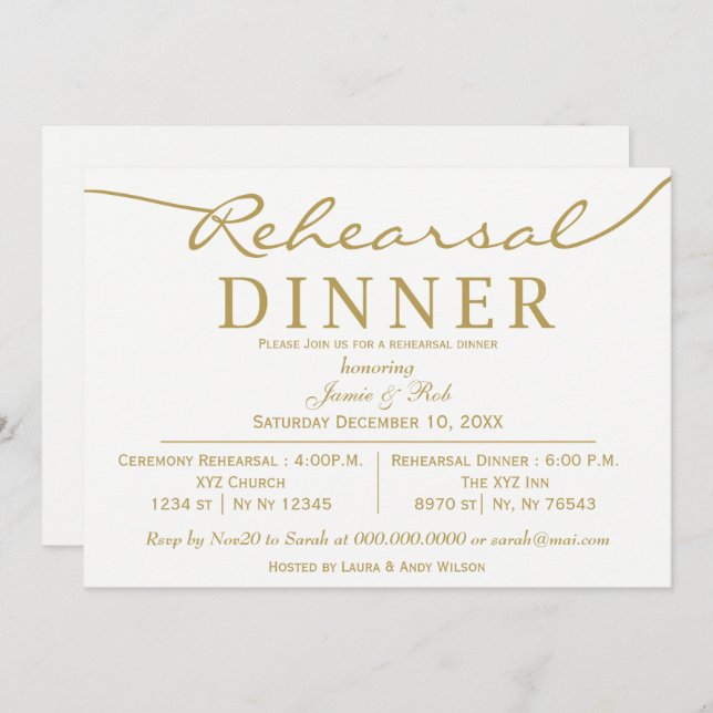 white and gold Elegant Script Rehearsal Dinner Invitation (Front/Back)