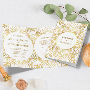 White and Gold Ethnic Mandala Indian Wedding Invitation
