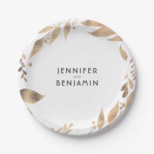 White and Gold Fall Leaves Chic Wedding Paper Plate (Front)