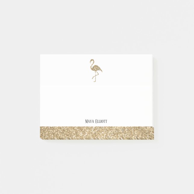 White and Gold Faux Glitter Flamingo & Border Post-it Notes (Front)