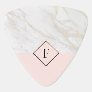White and gold faux marble pink background guitar pick